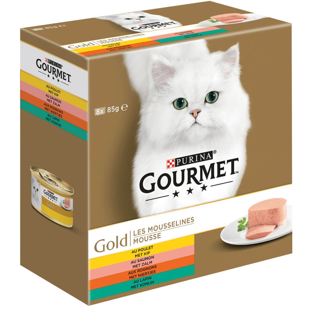 Gourmet Gold 8-Pack Mousse Huhn/Lachs/Nieren/Kaninchen Katzenfutter