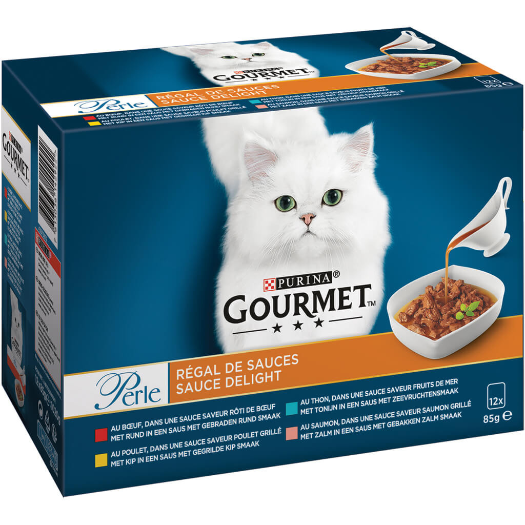 Gourmet Perle Sauce Delight- rund/kip/tonijn/zalm 12x85g  nat kattenvoer