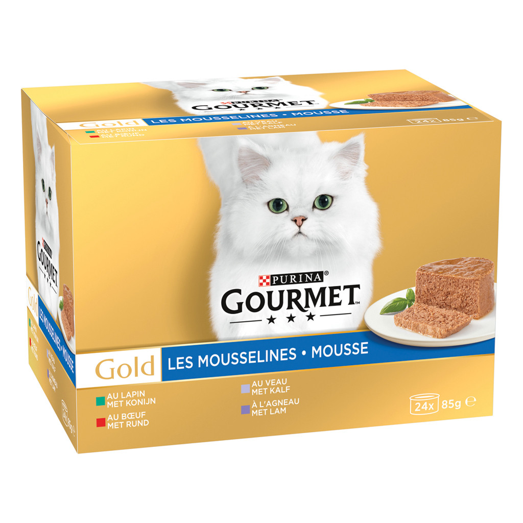Purina Gourmet Gold mousse met konijn, rund, kalf, lam natvoer kat (24x85g)