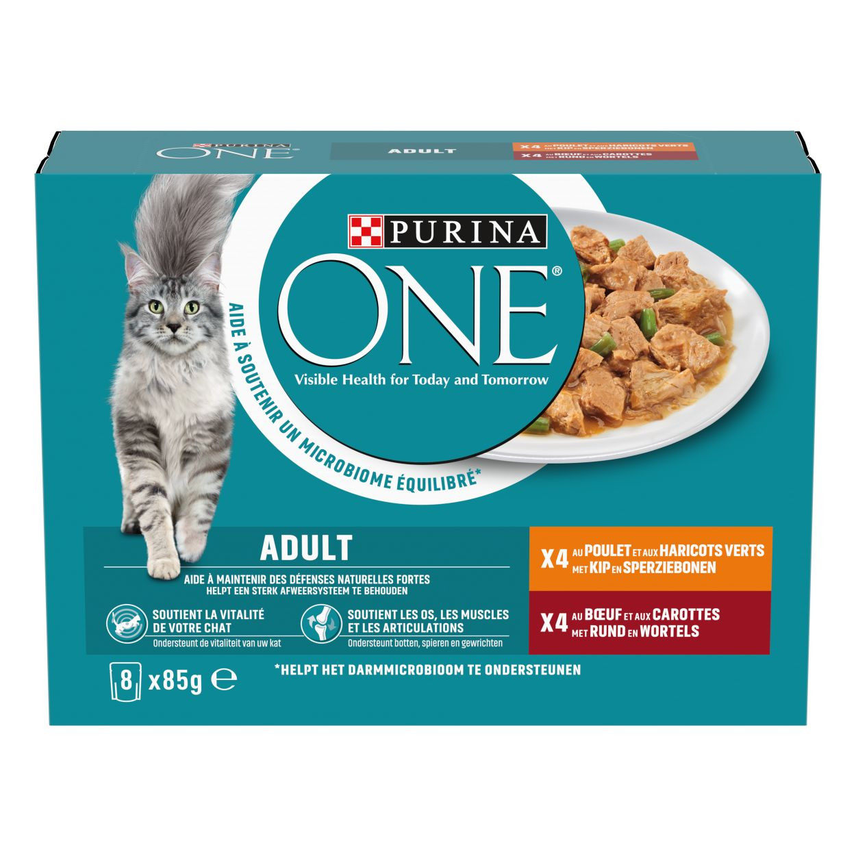 Purina One Adult reepjes in saus met kip en sperziebonen, rund en wortel natvoer kat (8x85g)