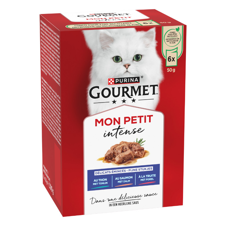 Gourmet Mon Petit Intense mit Thunfisch, Lachs und Forelle Nassfutter Katze