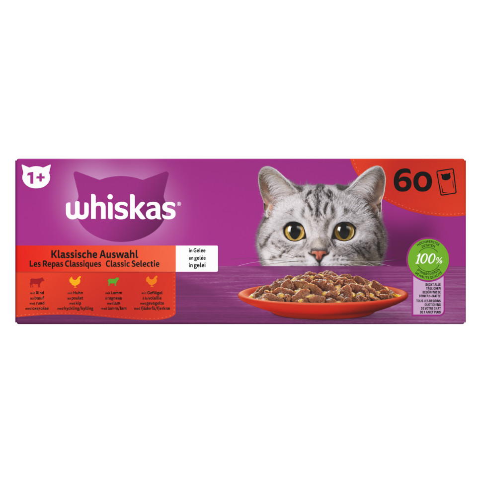 Whiskas 1+ Classic Selectie in gelei multipack natvoer kat maaltijdzakjes