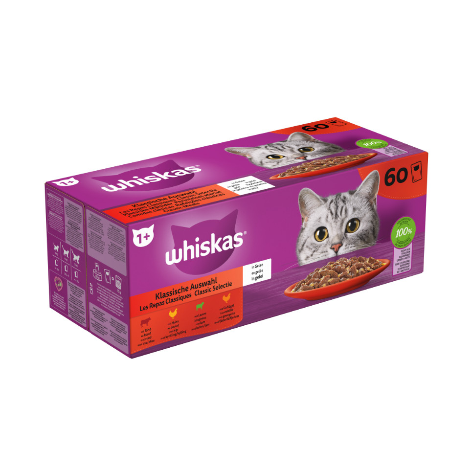 Whiskas 1+ Classic Selectie in gelei multipack natvoer kat maaltijdzakjes