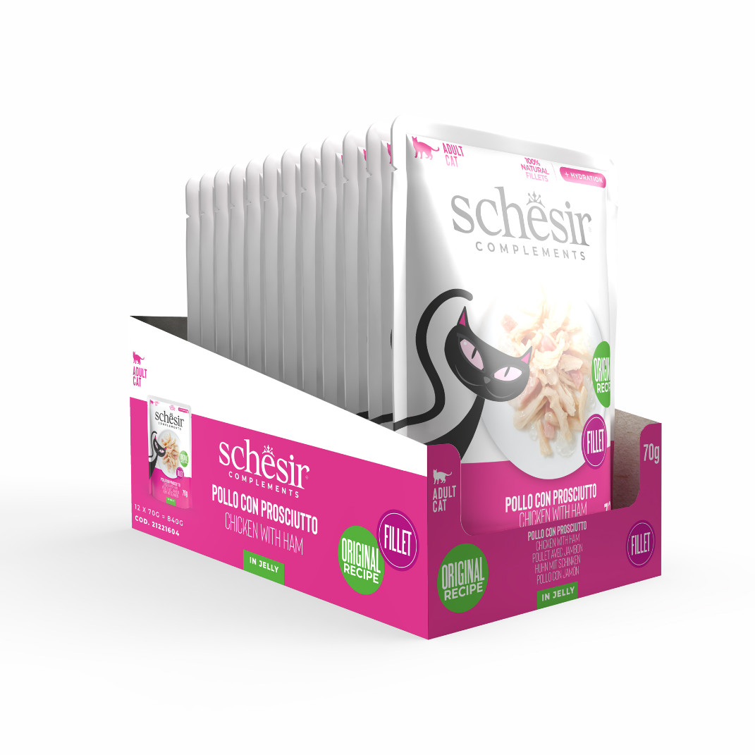 Schesir kip met ham (jelly) natvoer kat (zakjes 85 g)