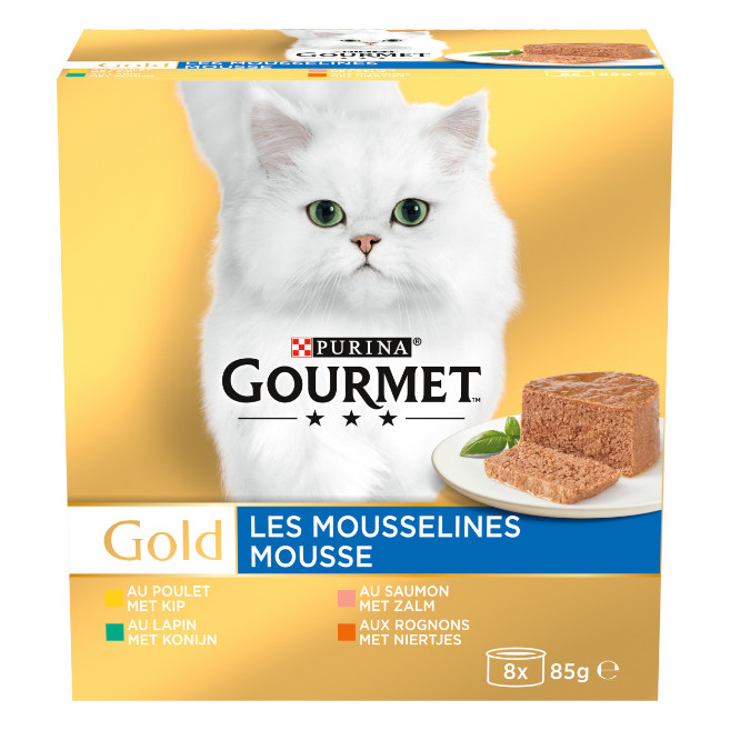 Gourmet Gold 8-Pack Mousse Huhn/Lachs/Nieren/Kaninchen Katzenfutter