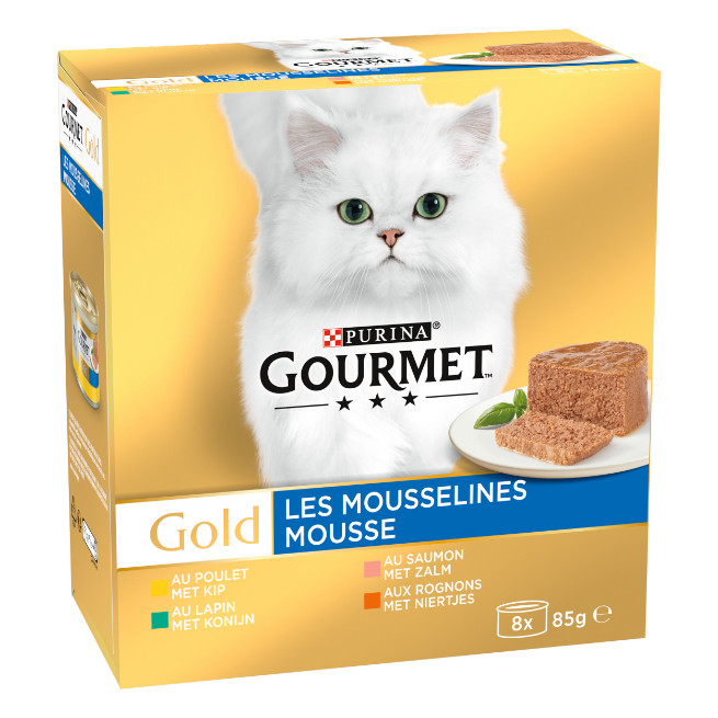 Gourmet Gold 8-Pack Mousse Huhn/Lachs/Nieren/Kaninchen Katzenfutter