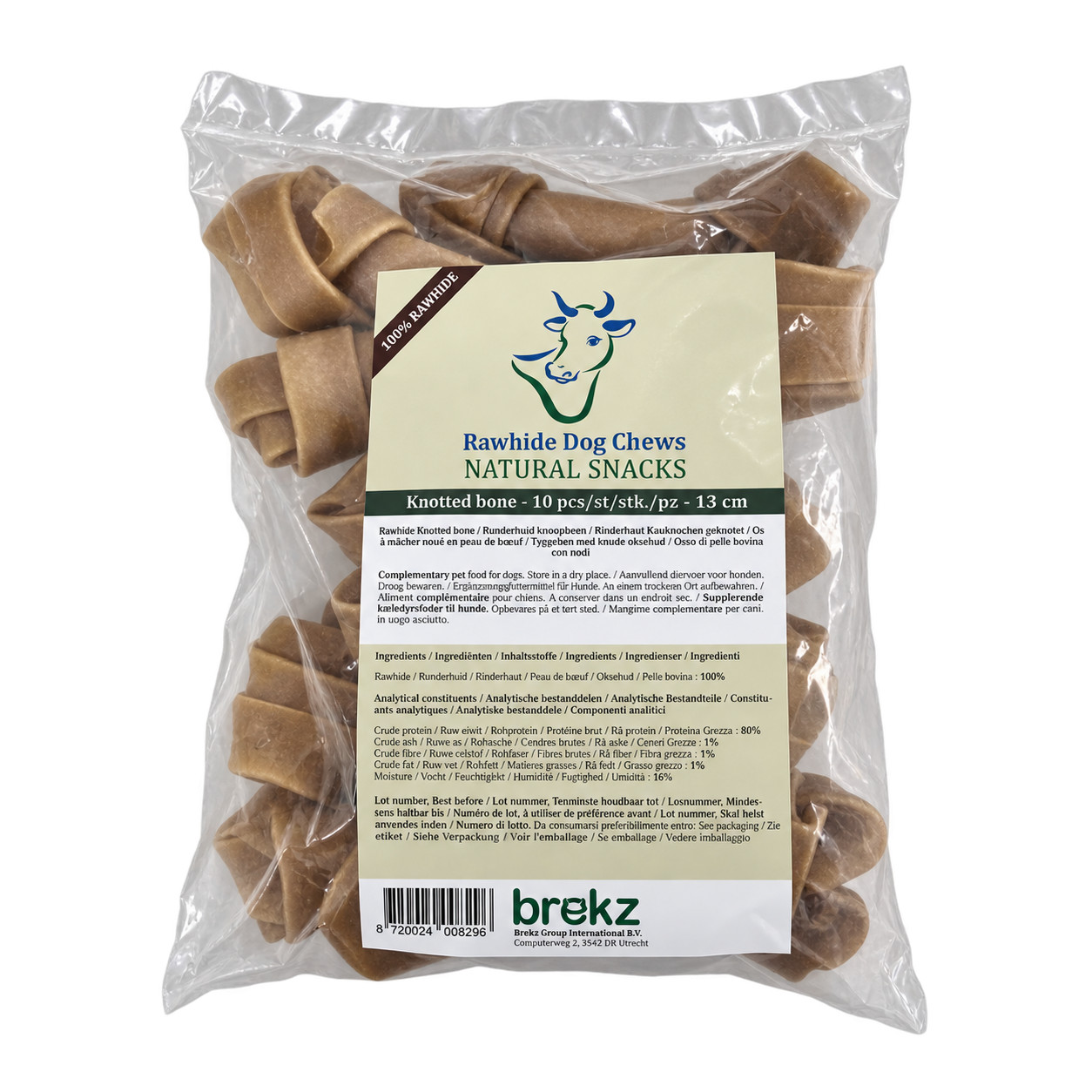 Brekz Rawhide - Rinderhaut Kauknochen geknotet Hundesnack (13 cm)