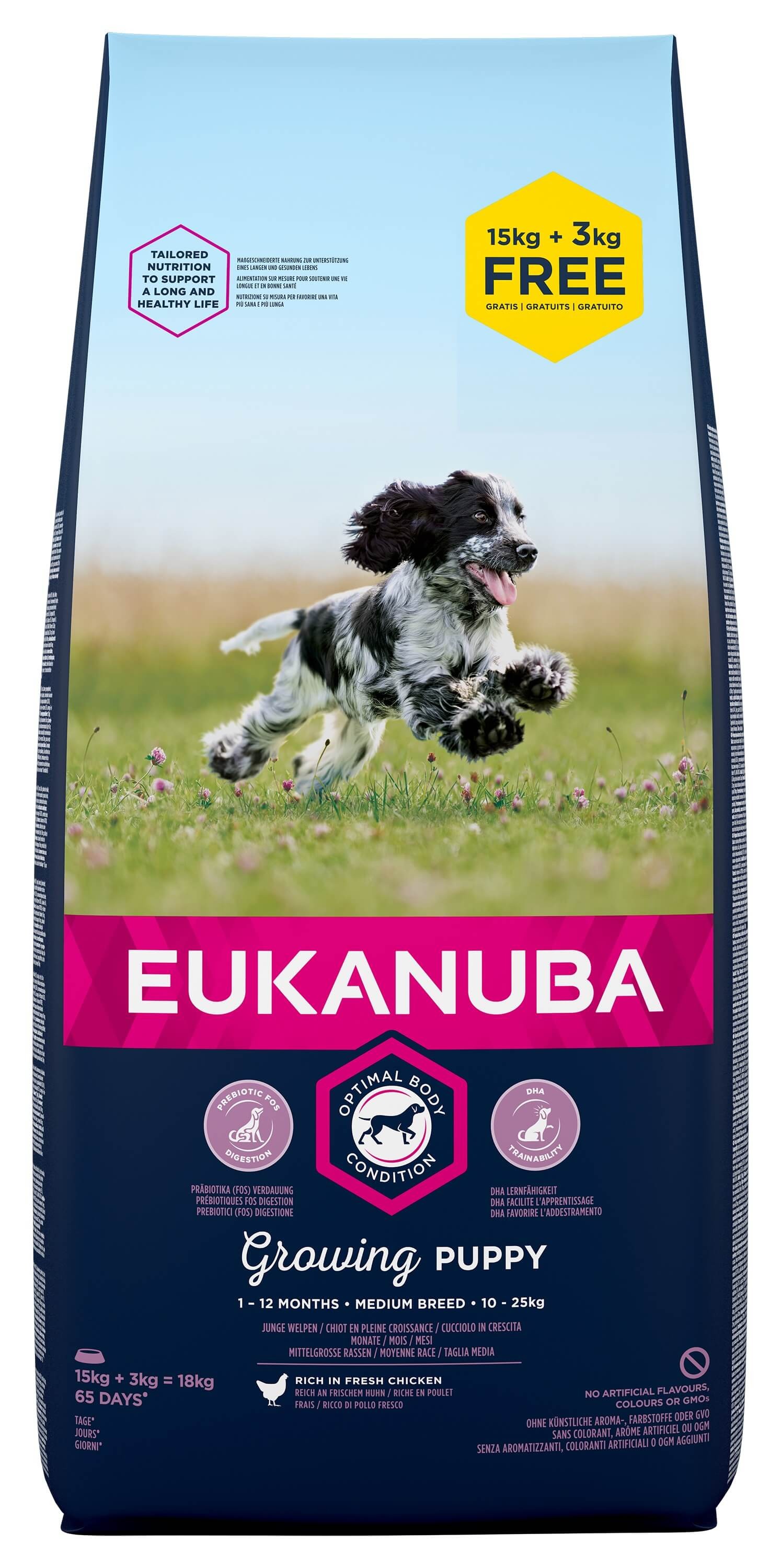 Afbeelding Eukanuba Growing Puppy Medium Breed kip hondenvoer 15 + 3 kg door Brekz.nl