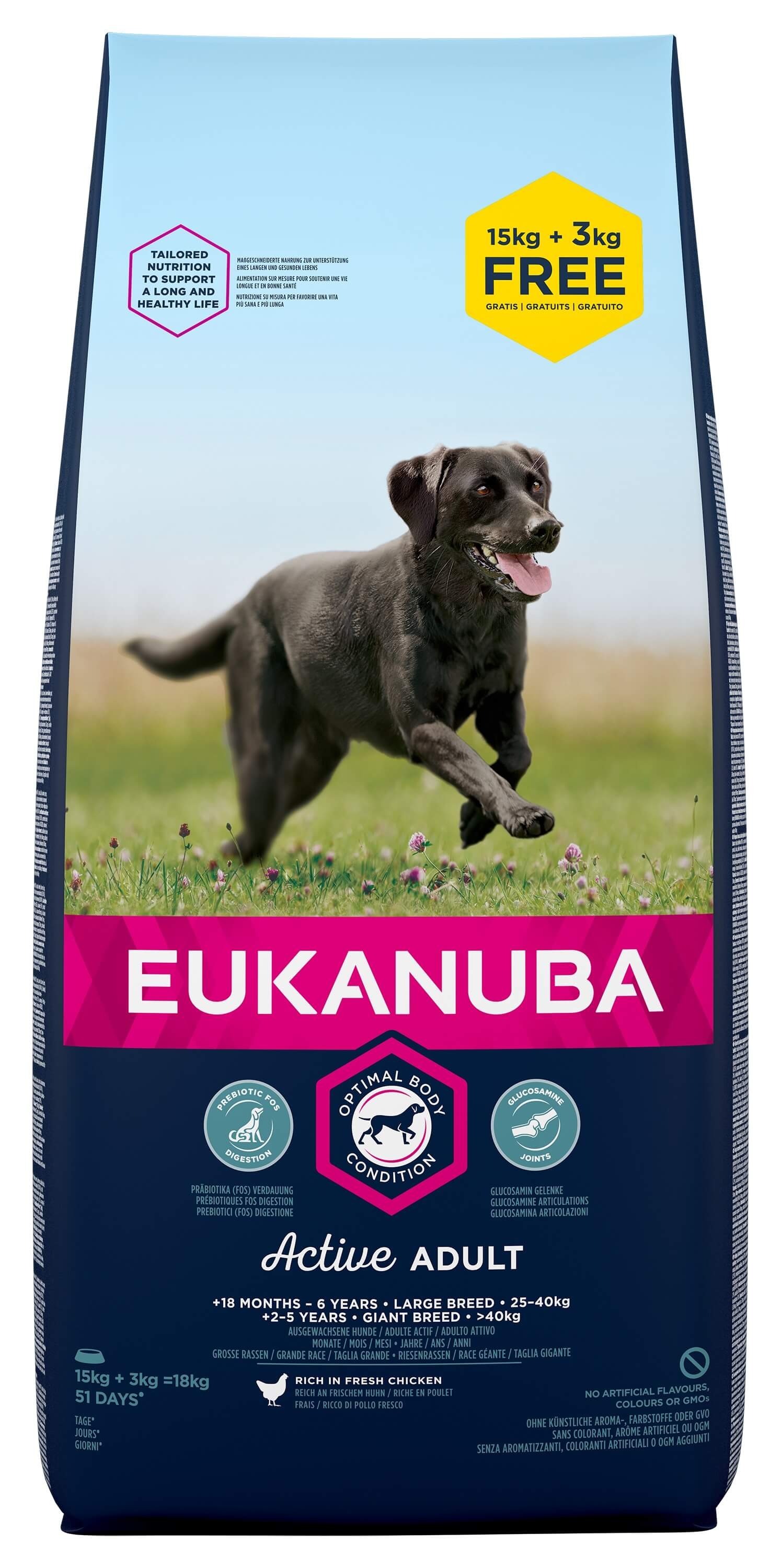 Afbeelding Eukanuba Active Adult Large Breed kip hondenvoer 15 + 3 kg door Brekz.nl